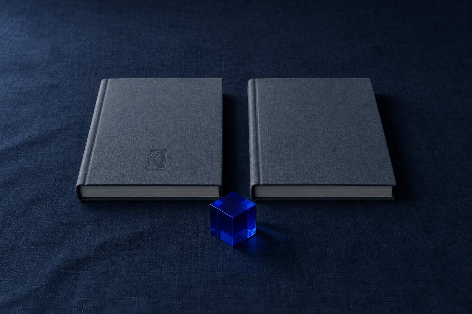 Two identical slate-grey clothbound ledgers side by side with a cobalt glass cube in front, the Olivent mark pressed into the left cover