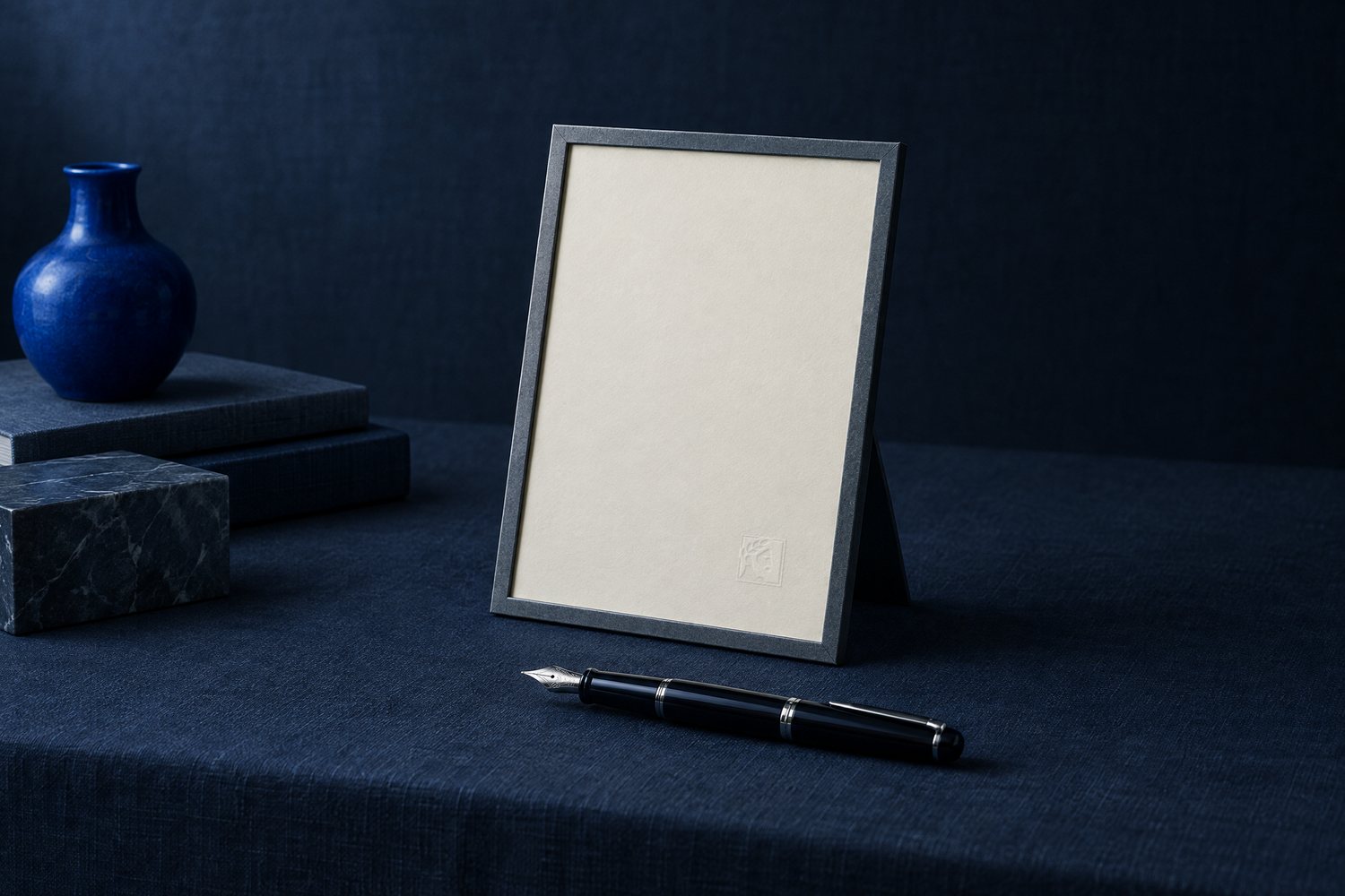 A blank cream certificate in a slate frame with a fountain pen in front, the Olivent mark embossed in the corner
