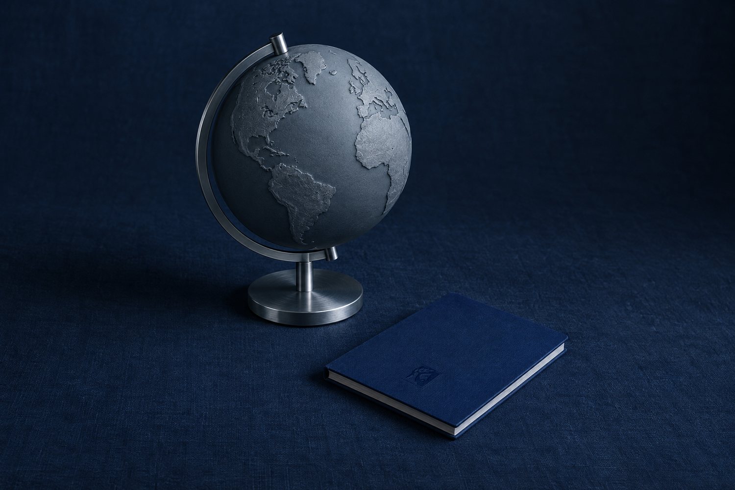 A slate globe on a steel stand beside a small navy booklet, the Olivent mark pressed into the booklet cover