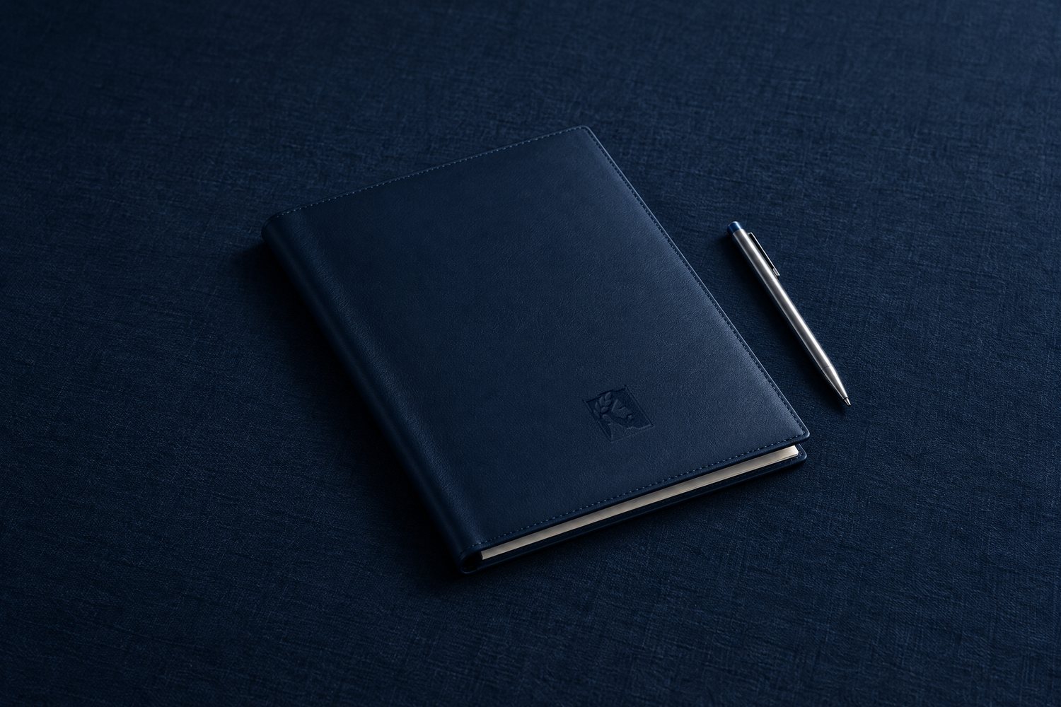 A closed navy leather folio with a steel pen beside it, the Olivent mark pressed into the cover