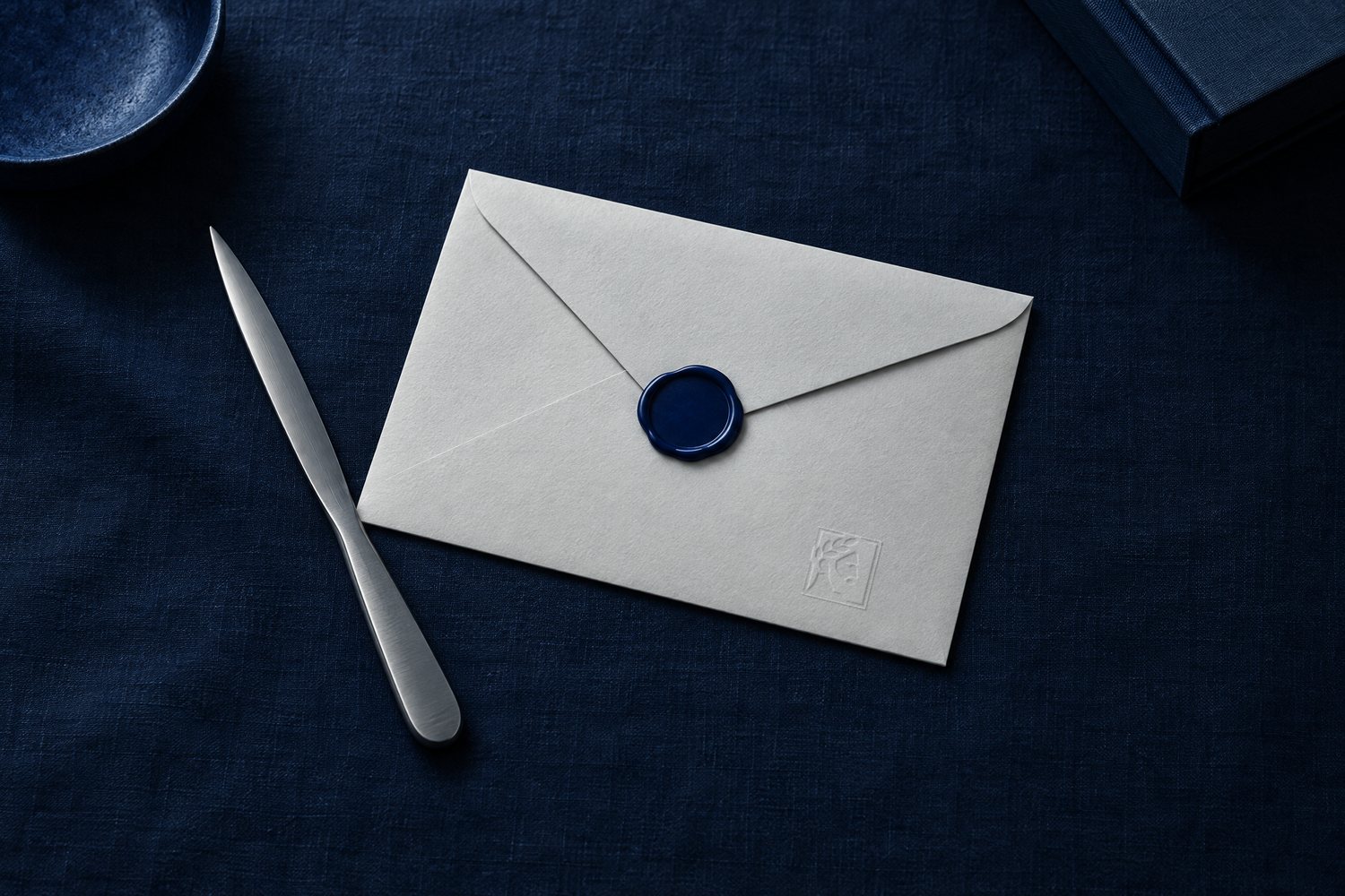 A grey envelope sealed with navy wax and blind-embossed with the Olivent mark, a steel letter opener beside it