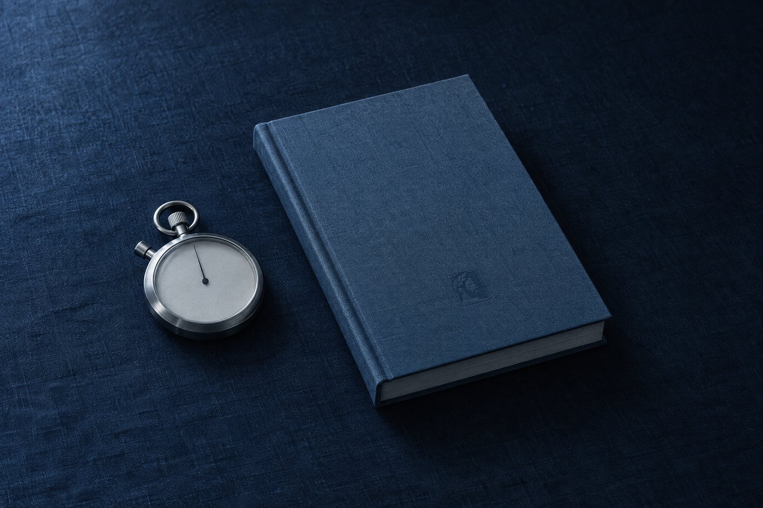 A steel stopwatch with a blank dial beside a slate blue cloth book with the Olivent mark pressed into the cover