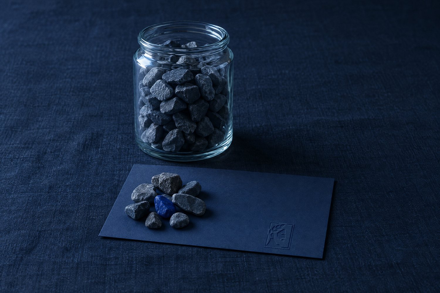 A glass jar of slate stones with a small pile set aside on a navy card carrying the Olivent mark