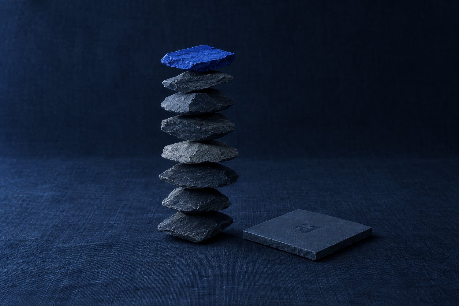 A tall cairn of slate stones topped with a cobalt one, beside a slate tile carrying the Olivent mark