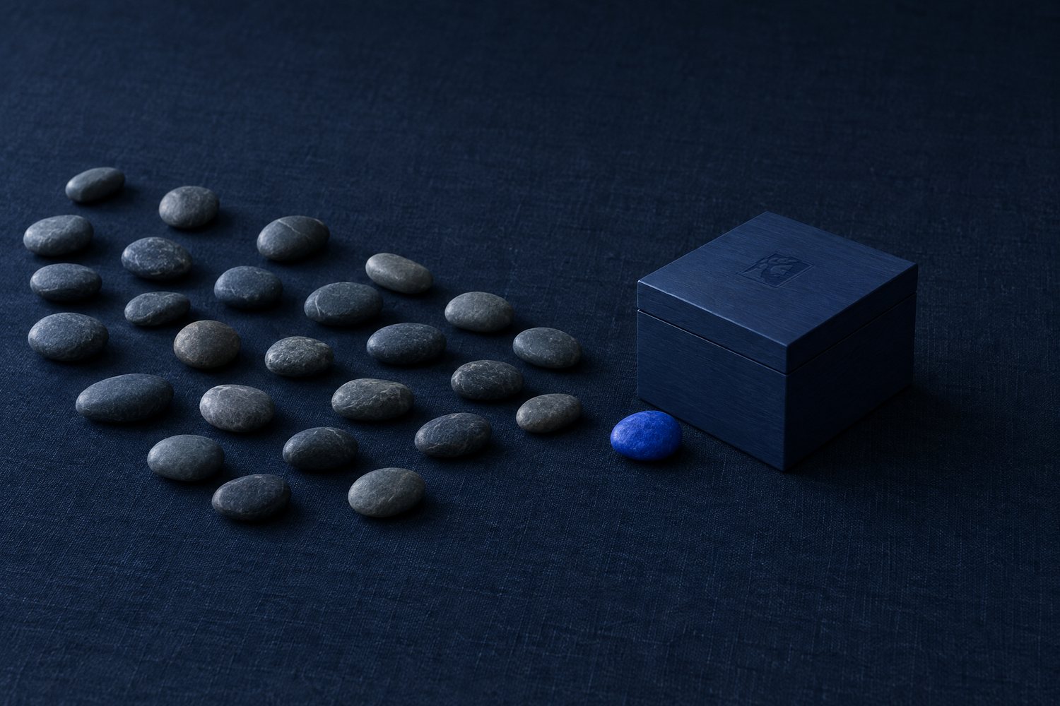 A scatter of slate pebbles leading to one navy box with the Olivent mark pressed into its lid