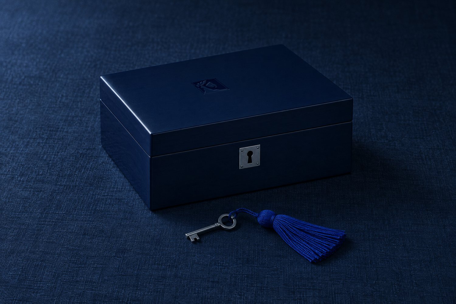 A navy lacquered box with the Olivent mark pressed into its lid, a steel key on a cobalt tassel in front