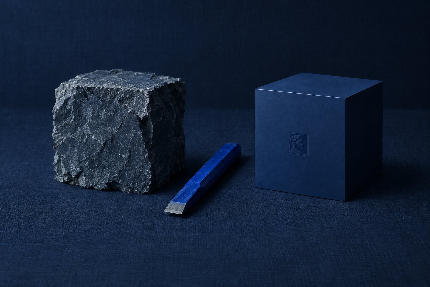 A rough block of slate beside a finished navy cube pressed with the Olivent mark, a cobalt chisel between them