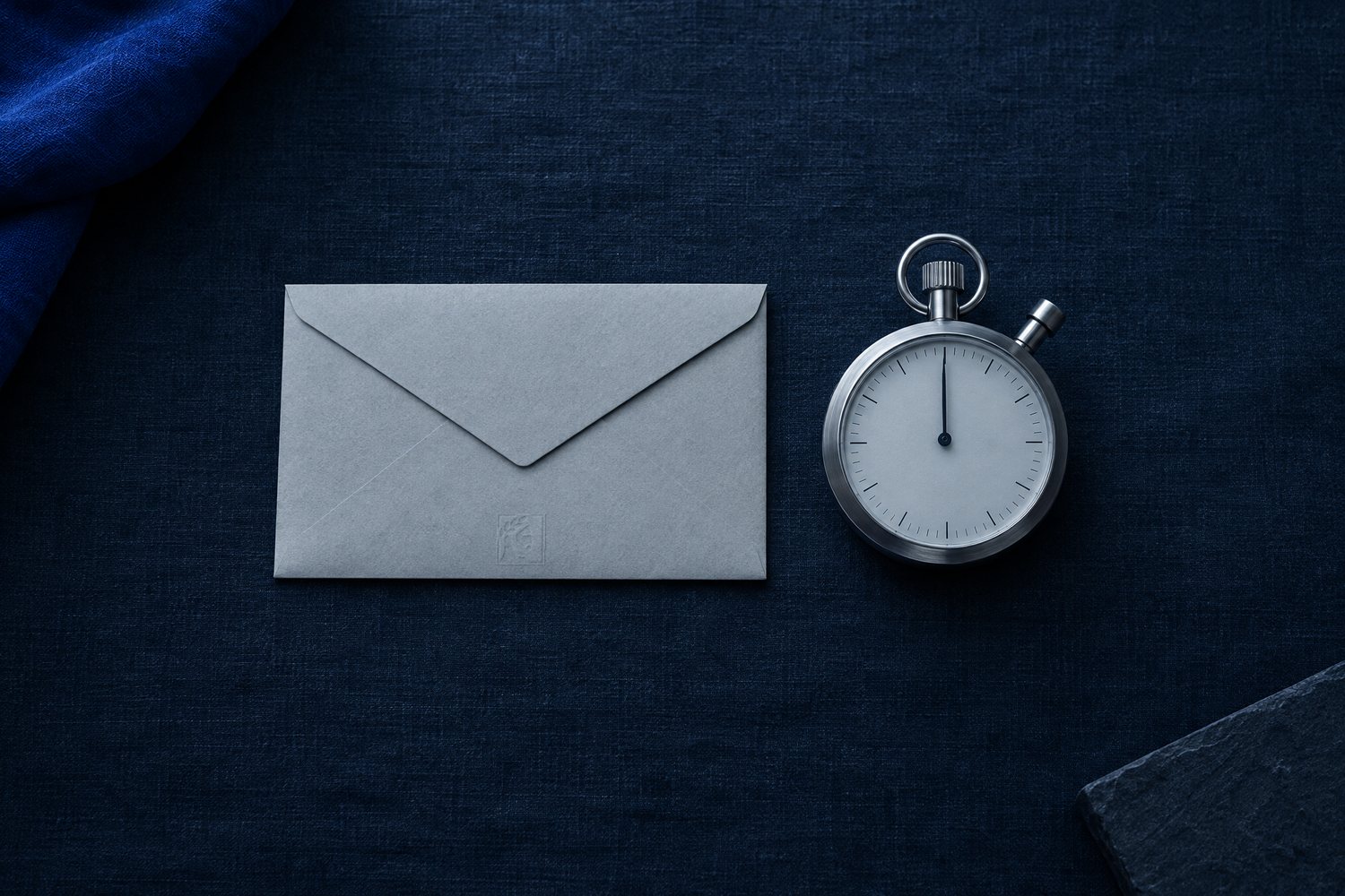 A sealed grey envelope beside a steel stopwatch resting at zero, the Olivent mark embossed below the flap