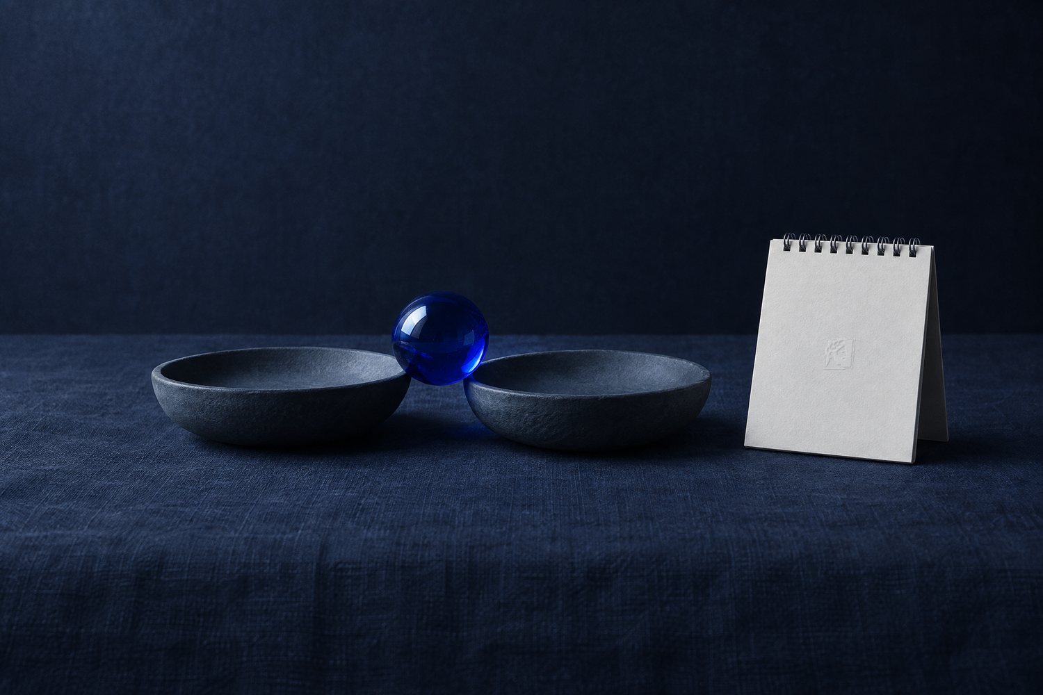 A cobalt glass ball resting between two slate dishes next to a blank desk calendar, the Olivent mark embossed on the calendar page