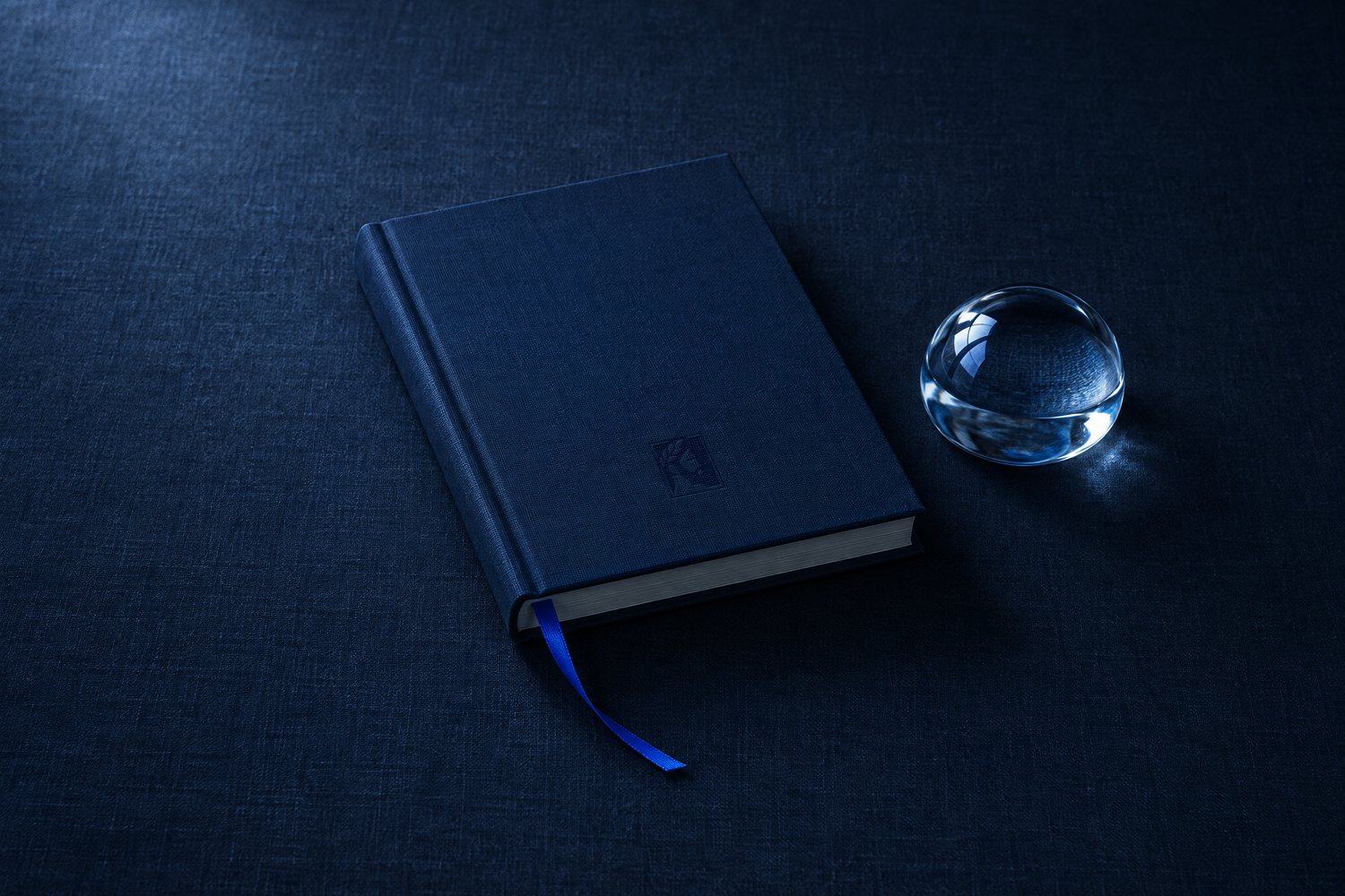 A closed navy clothbound book with a cobalt ribbon bookmark and a glass dome paperweight, the Olivent mark pressed into the cover