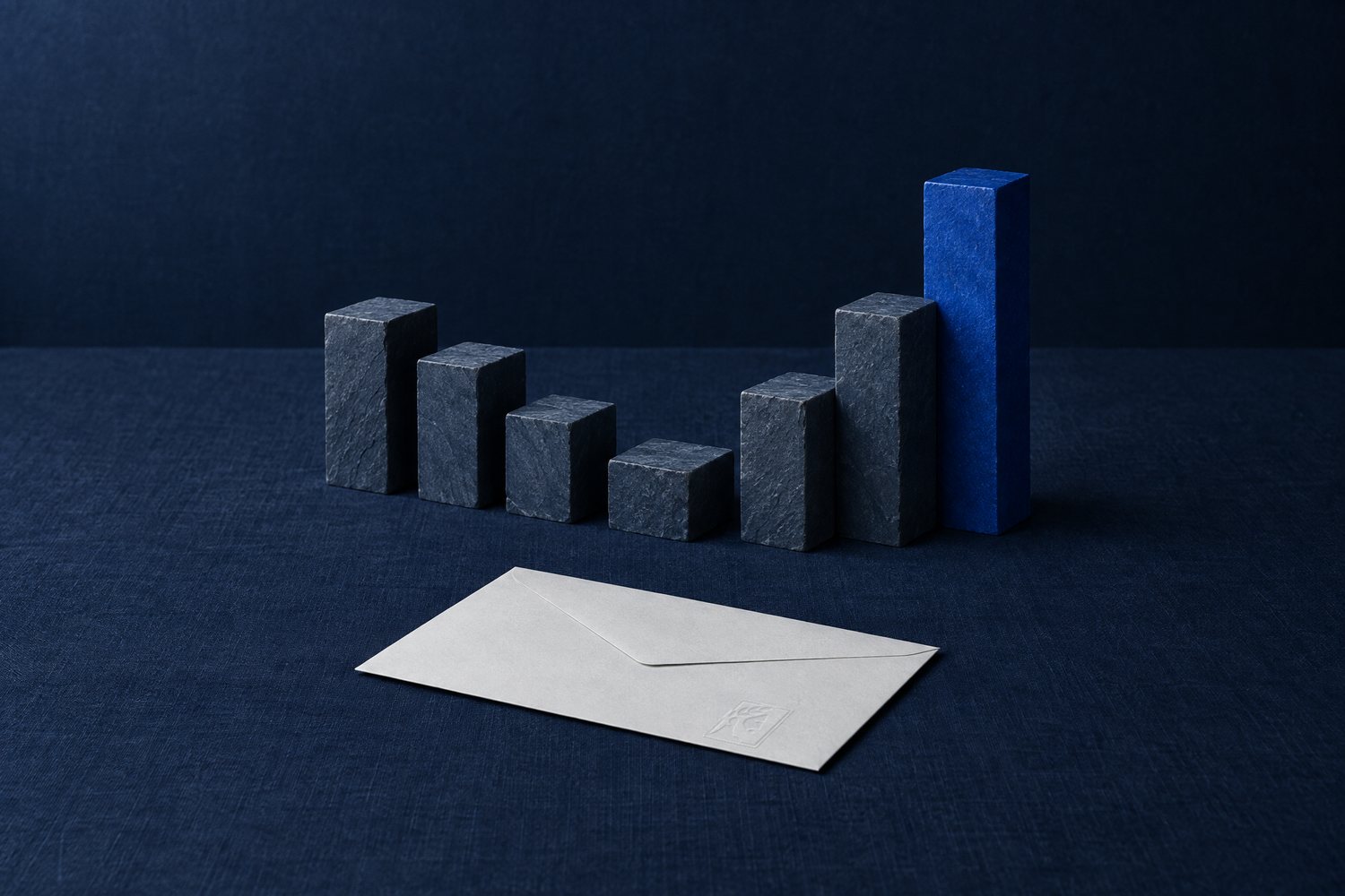 Slate blocks that dip down and then rise to a tall cobalt block like a J, with a grey envelope in front embossed with the Olivent mark