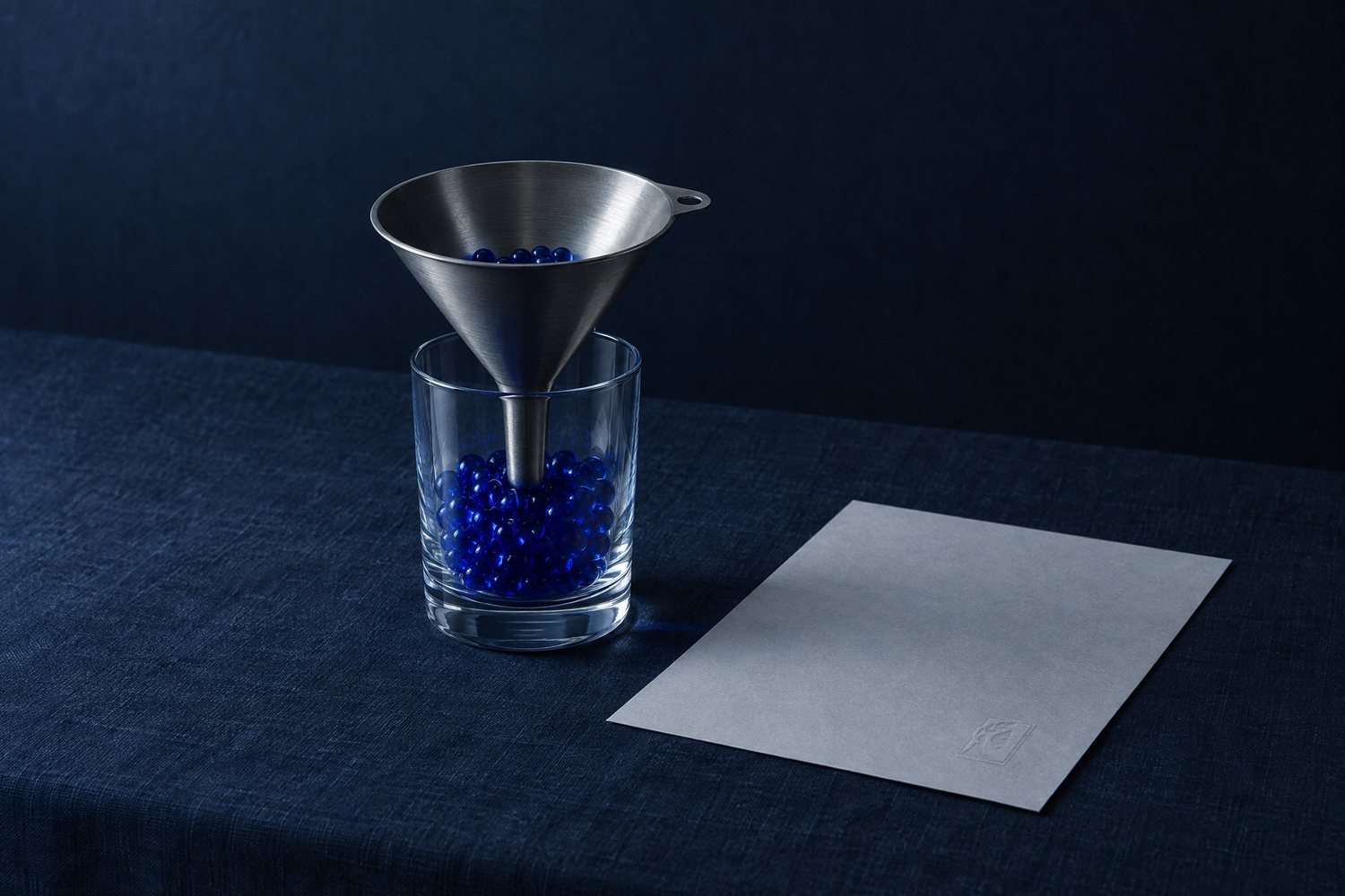 A steel funnel in a glass tumbler of cobalt beads, beside a grey sheet of paper embossed with the Olivent mark
