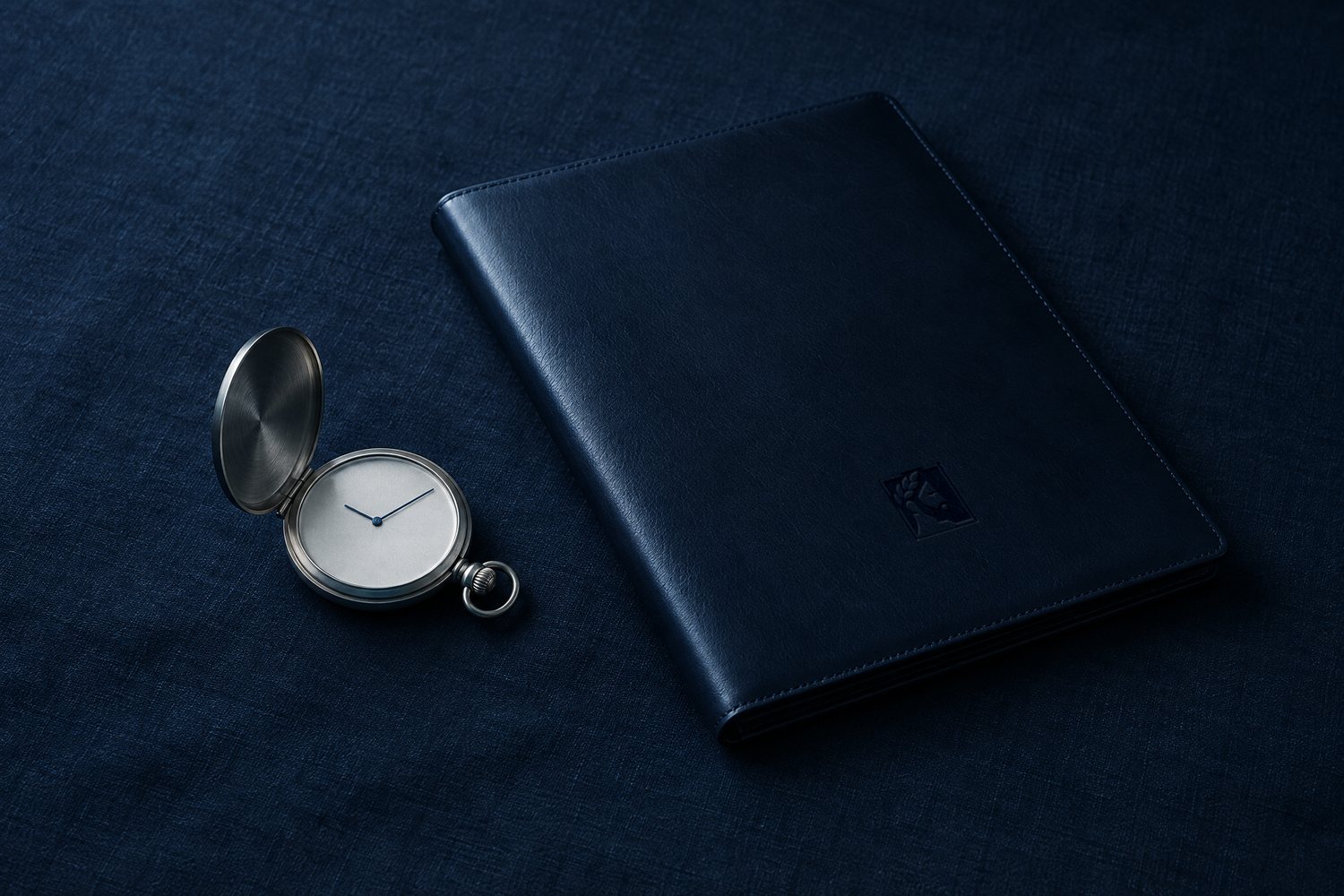 An open steel pocket watch with a blank dial beside a navy leather portfolio with the Olivent mark pressed into the cover