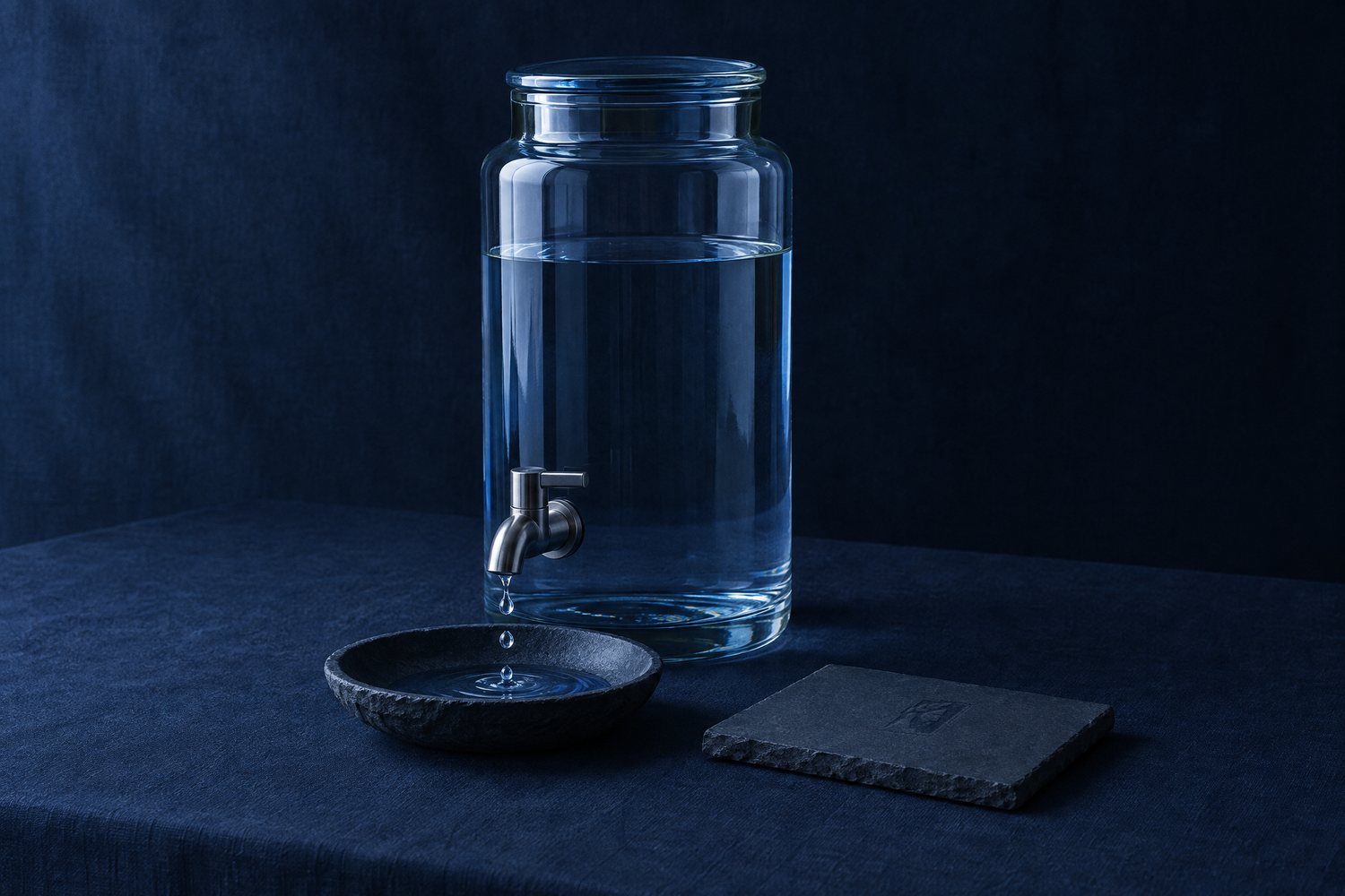 A glass dispenser dripping water from a steel tap into a slate dish, beside a slate plaque with the Olivent mark pressed into it