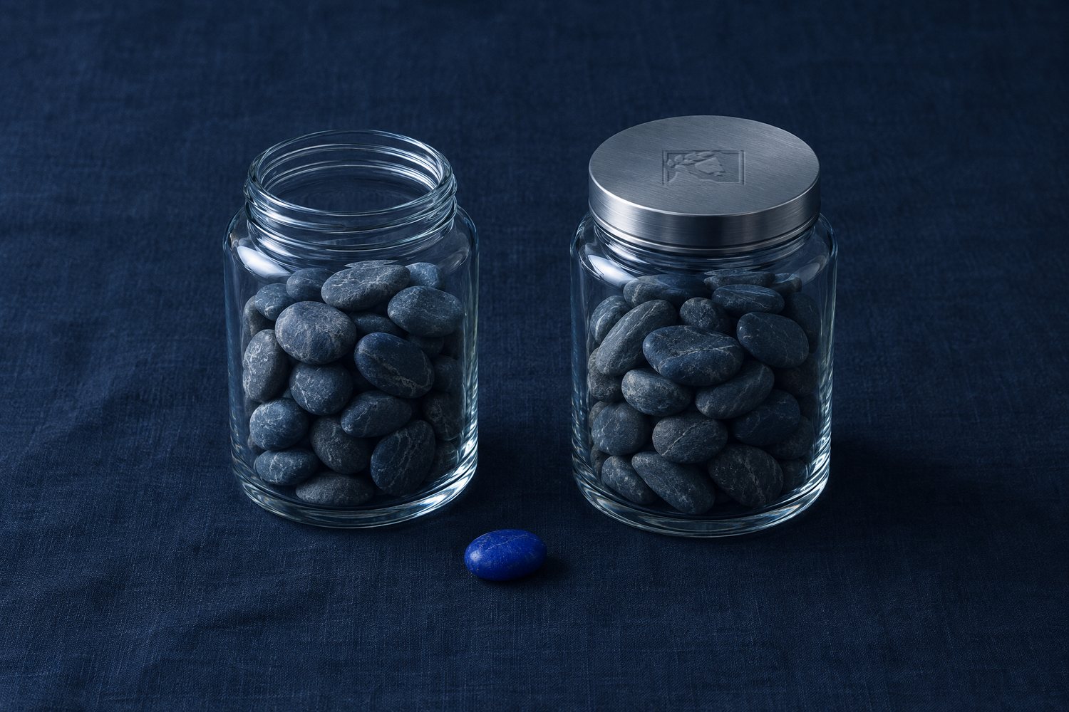 Two glass jars of slate pebbles, one open and one sealed with a steel lid engraved with the Olivent mark, a cobalt pebble between them
